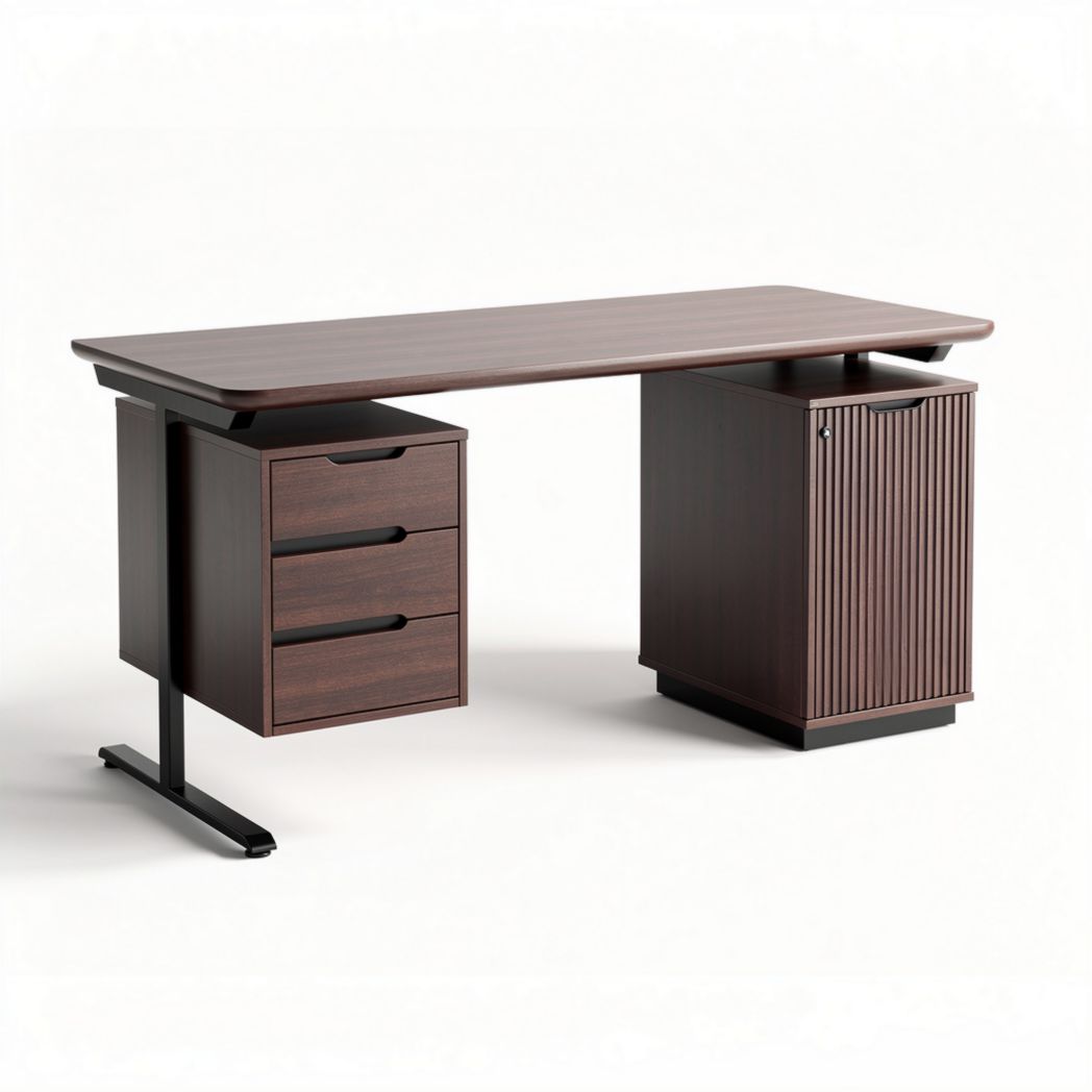 Scrivania moderna in legno marrone con cassetti e anta 150 x 75 x 75cm