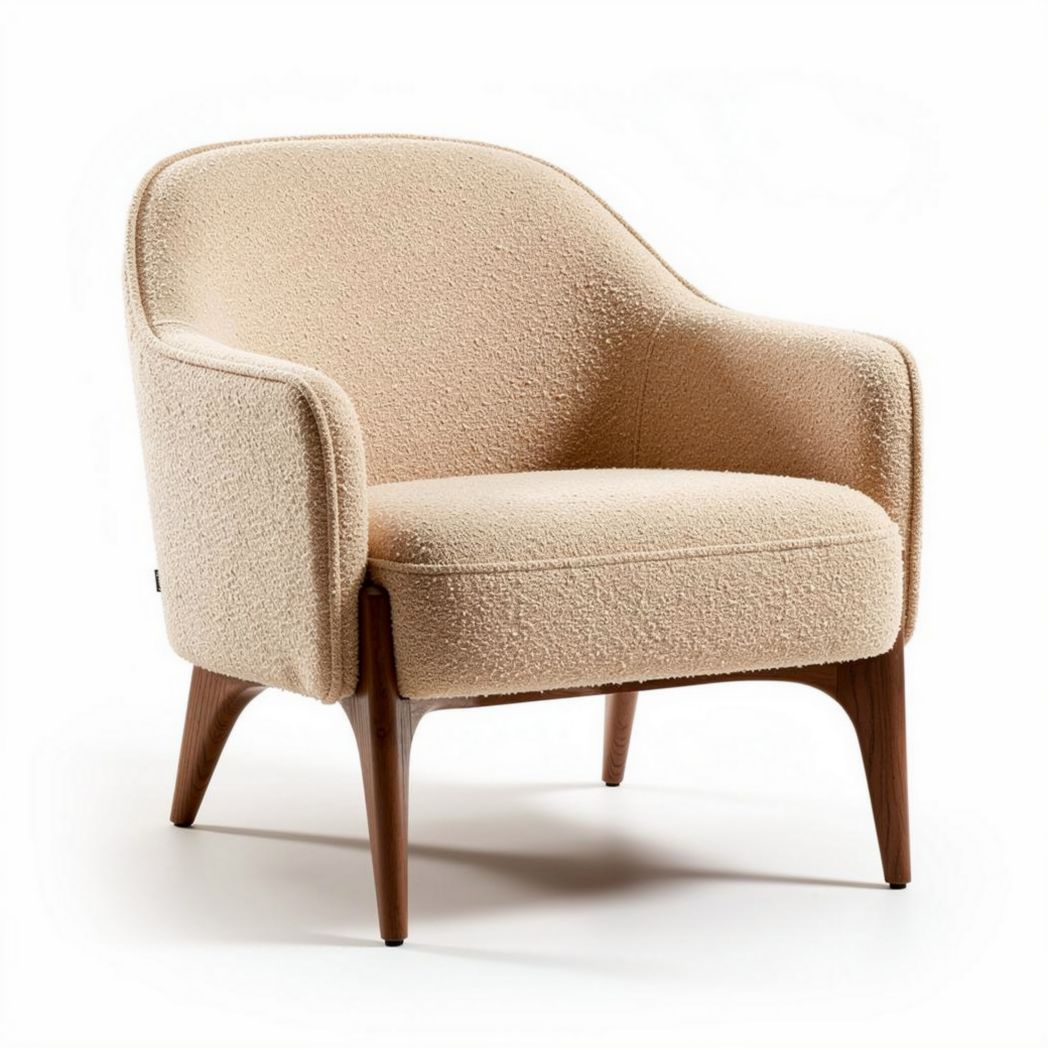 Poltrona in tessuto boucle beige con struttura in legno 70 x 80 x 75cm