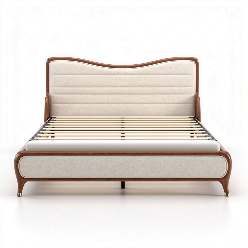 Letto matrimoniale in legno e tessuto beige 200 x 160 x 100cm con testiera sagomata
