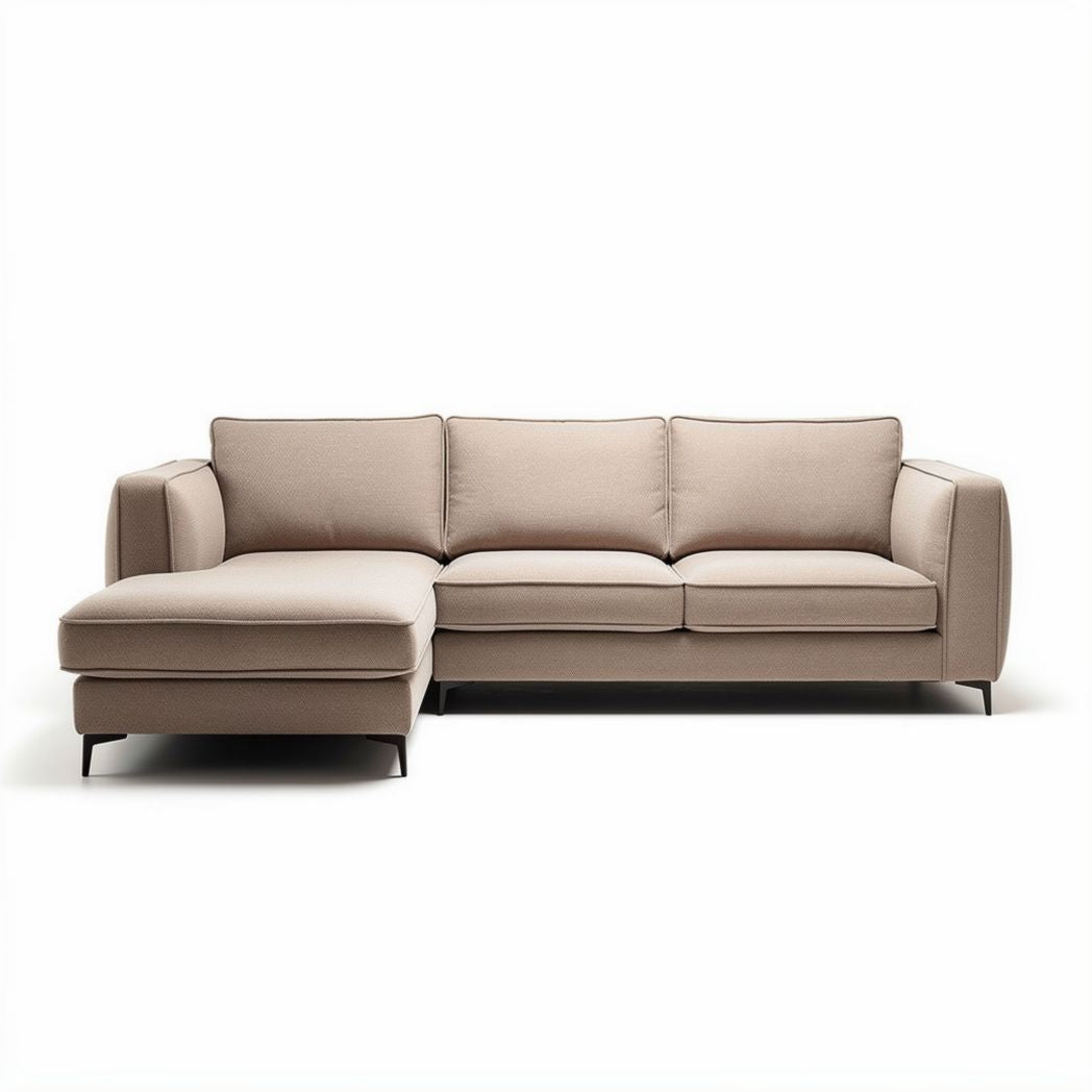 Divano angolare beige con chaise longue in tessuto dimensioni 200 x 90 x 85cm