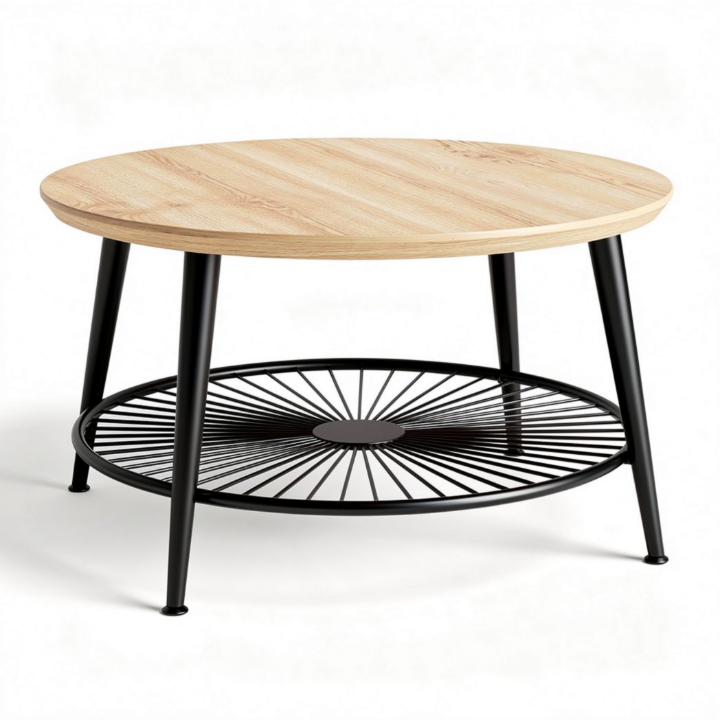 Tavolino da caffè rotondo in legno di rovere con struttura in metallo nero 80 x 80 x 45cm
