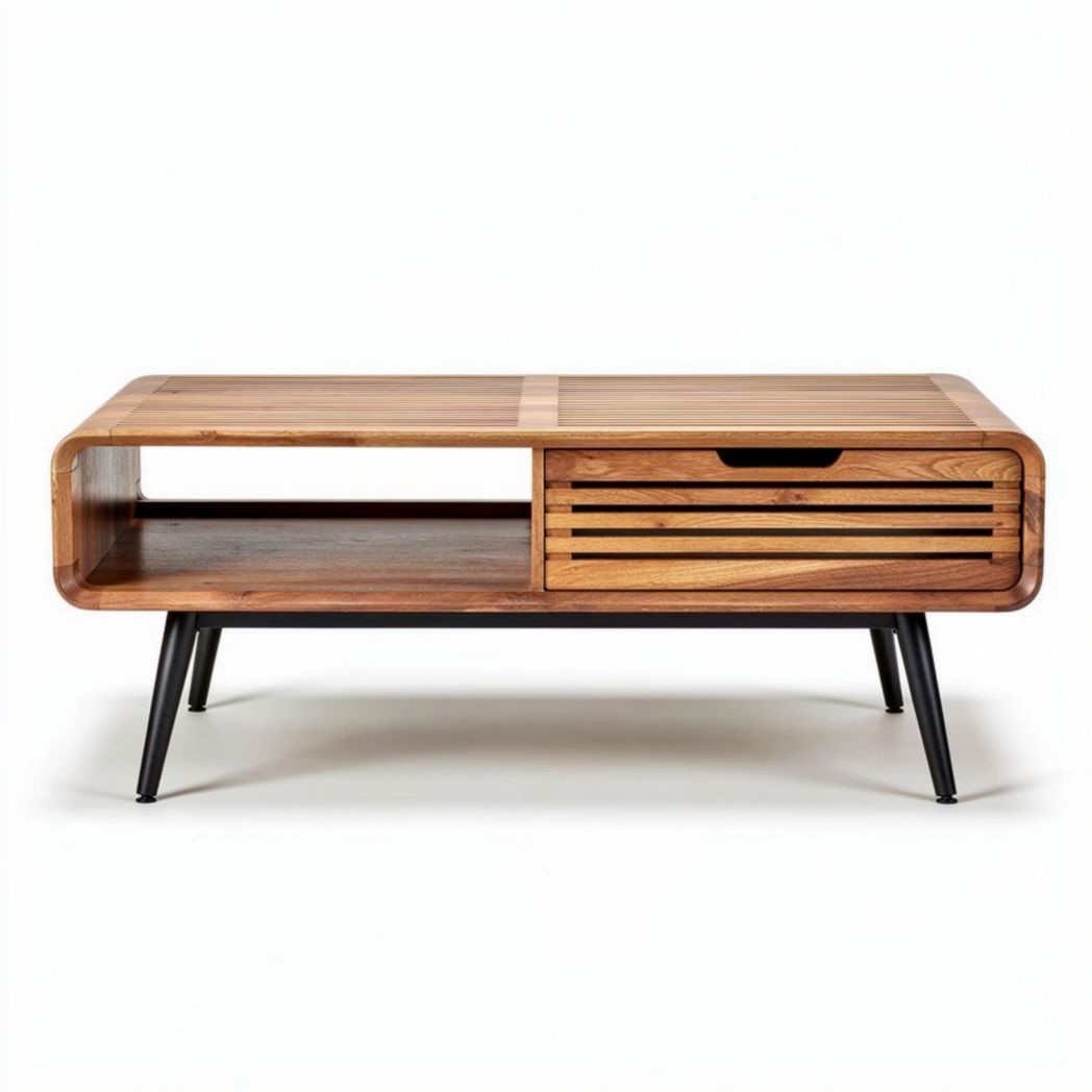 Tavolino da caffè in legno di acacia con vano contenitore e cassetto 120 x 60 x 40cm